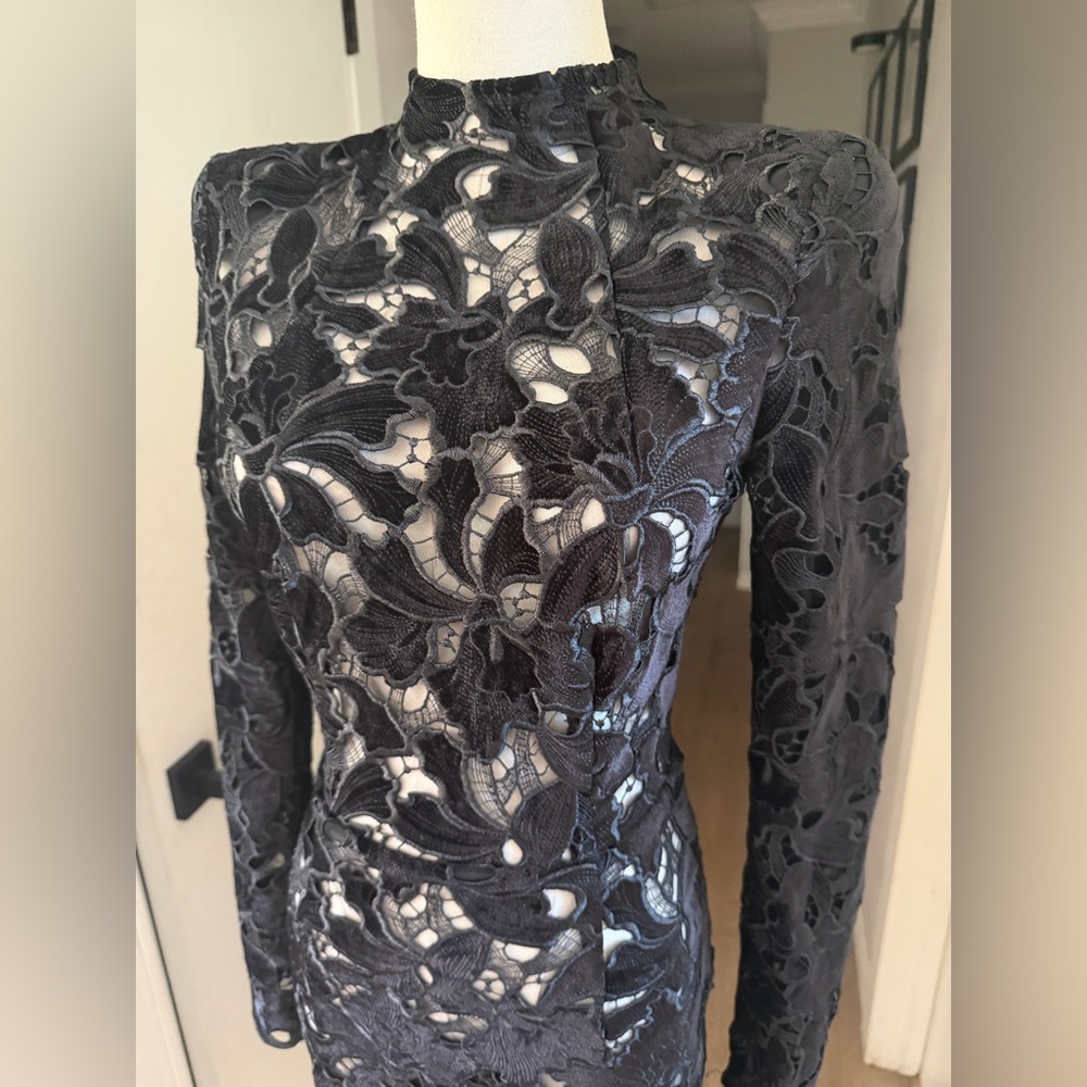 NADINE MERABI Diane Black Velvet Embroidered Midi Dress Sz XS (2) MSRP $545 NWT - Picture 7 of 12